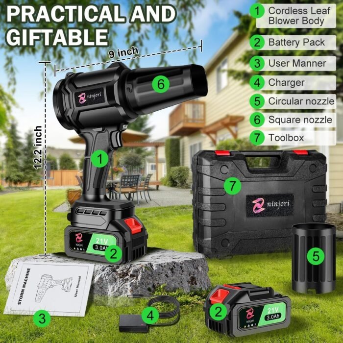 The garden tools cordless leaf blower being used to clean a variety of surfaces, including patios and driveways.