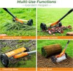 The garden tools dethatching roller rake removing thatch, moss, leaves, and debris efficiently.