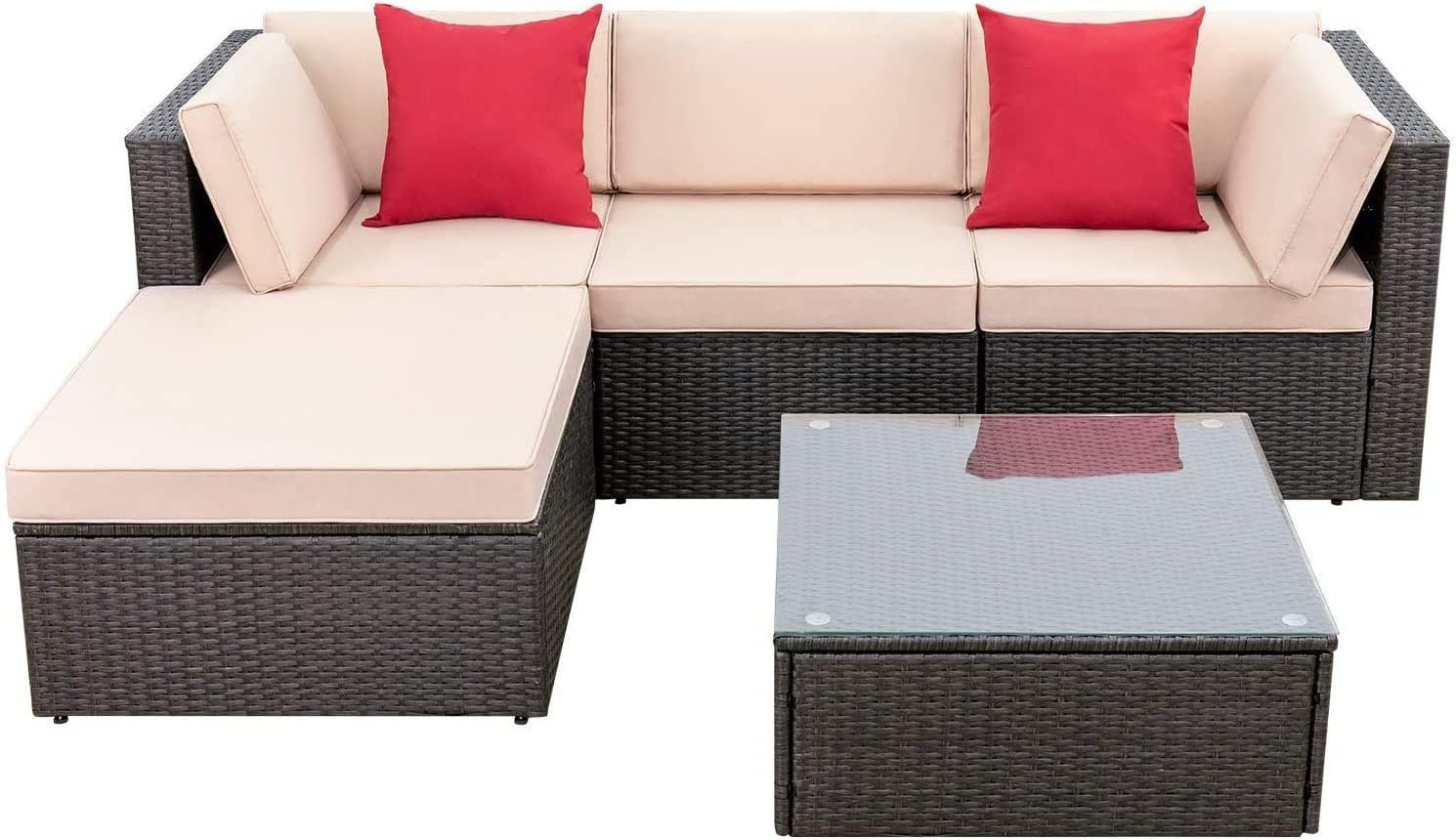 Patio Furniture Set Overview Stylish Sweetcrispy patio furniture set featuring a sectional sofa with cushions and a glass table for outdoor comfort.
