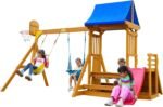 Fun swing set for kids with 6-in-1 design, including a wave slide, rock climbing wall, sandbox, and swings.