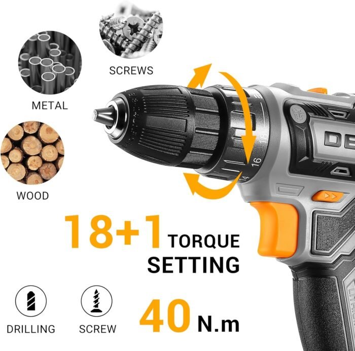 Precision and control with the power tools for home improvement DEKO PRO 20V drill, ideal for wood, metal, and plastic drilling.