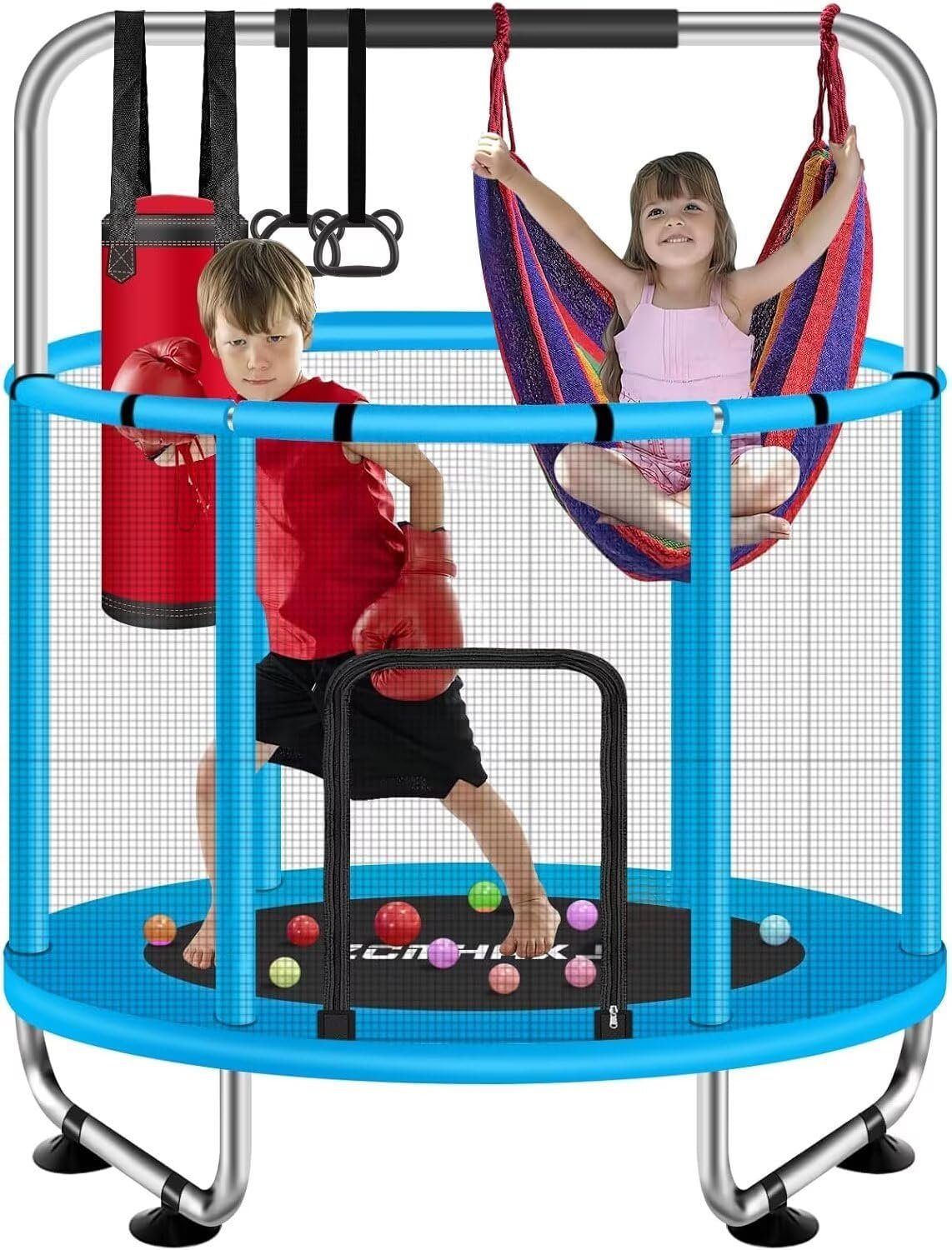 Zupapa 55" Trampoline for Kids Overview Safe and fun outdoor trampoline for kids with 440lbs capacity, 3-level adjustable gymnastics bar, and safety net for kids and families.