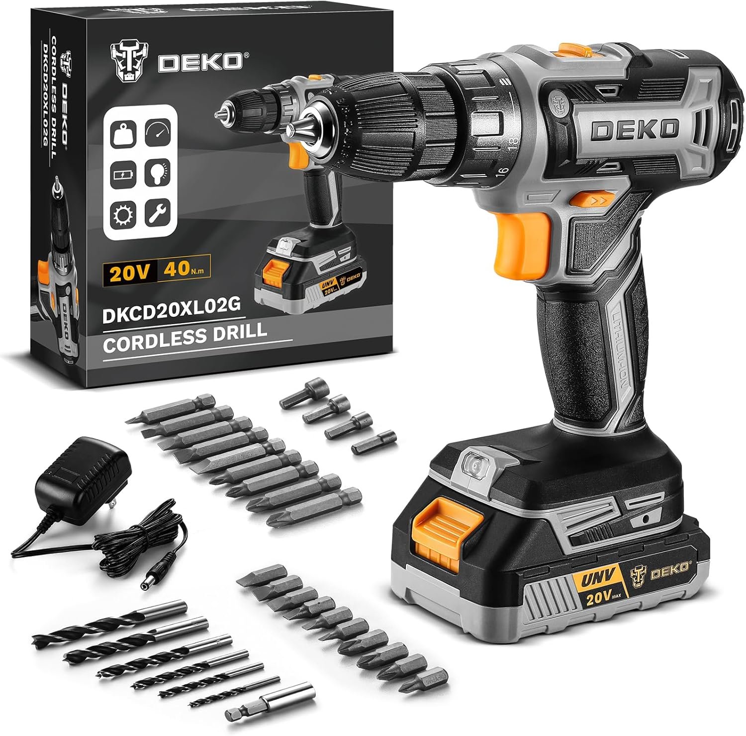 DEKO PRO 20V Cordless Drill Set Overview Power tools for home improvement with 20V cordless drill, 18+1 torque settings, and versatile drill bits for all your DIY tasks.